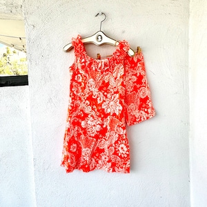 Vintage 60s 70s Hawaiian Barkcloth Shirt Shorts Dress Set 1960s 1970s Bright Neon Orange Floral High Waisted Shorts Hawaii Muumuu Tunic Top