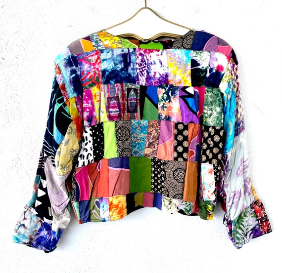 Vintage 90s Patchwork Cropped Jacket 1990s Boho C… - image 2