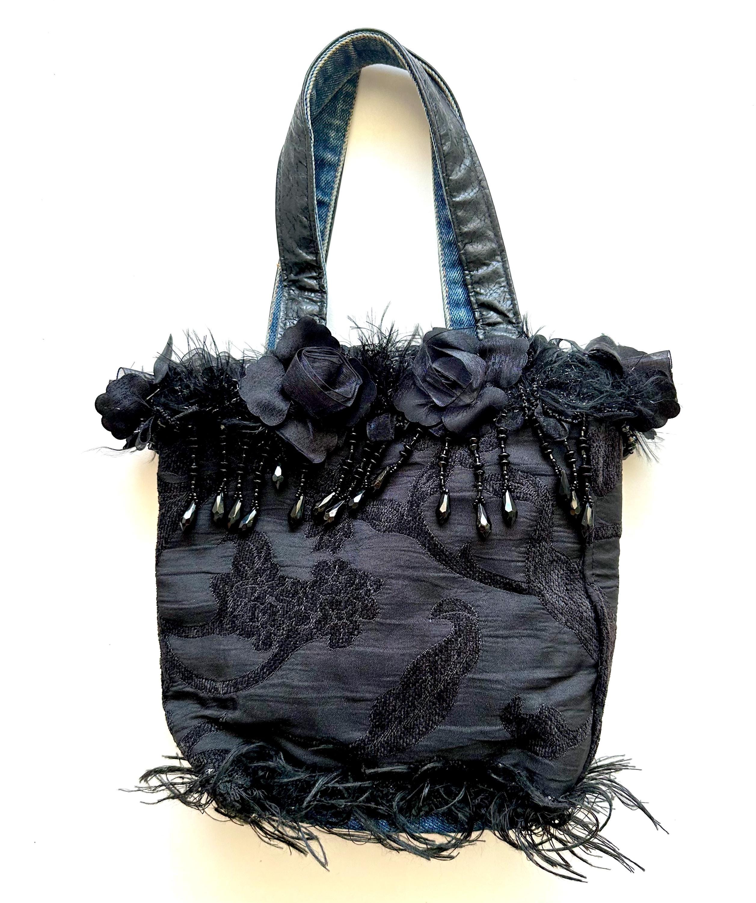 バッグ Disesel black denim tote bag y2k archive Vintage 90s Y2k Black Floral Denim Tote Bag 1990s 2000s Blue