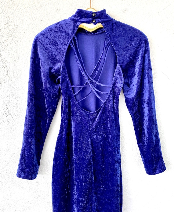 Vintage 80s 90s Velvet Open Back High Neck Mini D… - image 5