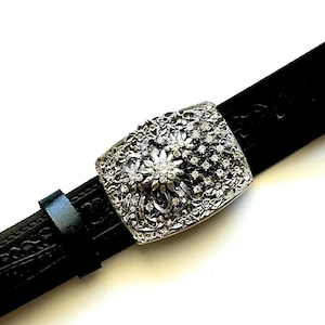 Vintage Rhinestone Buckle Black Leather Belt Southwestern Boho Glam Cowboy Belt