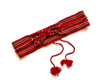 Cinturón tejido boho vintage Cinturón ancho hippie a rayas Cinturón de corbata rojo