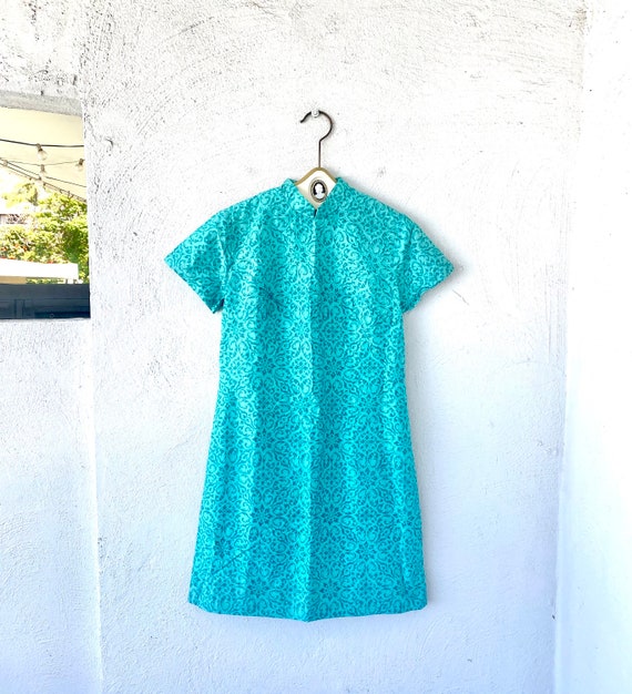 Vintage 60s Hawaiian Silk Dress High Neck Blue Mod