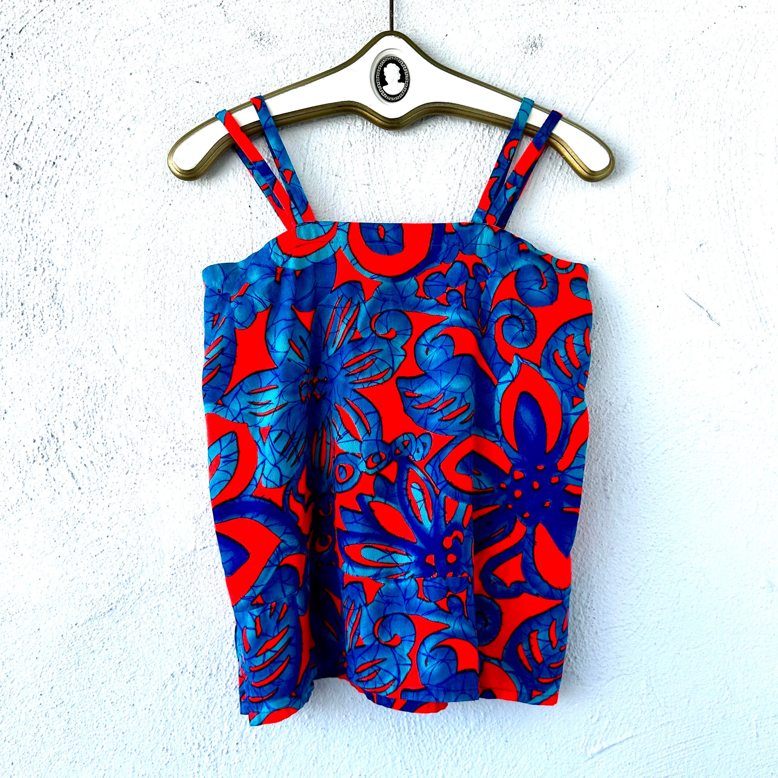 Vintage 70s Bright Hawaiian Barkcloth Tank Top // 1960s 1970s Psychedelic Red Blue Hawaii Shirt