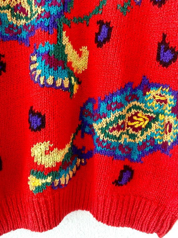 Vintage 80s 90s Paisley Sweater Graphic Plant Red Pullover Knit