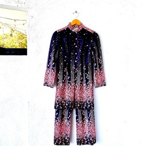 Vintage 70s Hawaiian Floral Bell Bottom Pants Suit Hawaii 2 Piece Jacket Jumpsuit