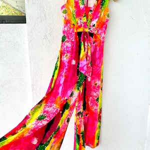 Vintage 60s Rainbow Day Glo Hawaiian Jumpsuit Psychedelic Hawaii Neon 70s  Bright Floral Dress One Piece