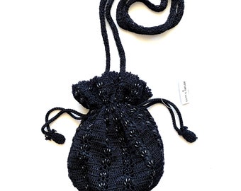 Vintage 90s Y2K Beaded Macrame Crochet Drawstring Bag Boho Minimalist Black Crossbody Purse