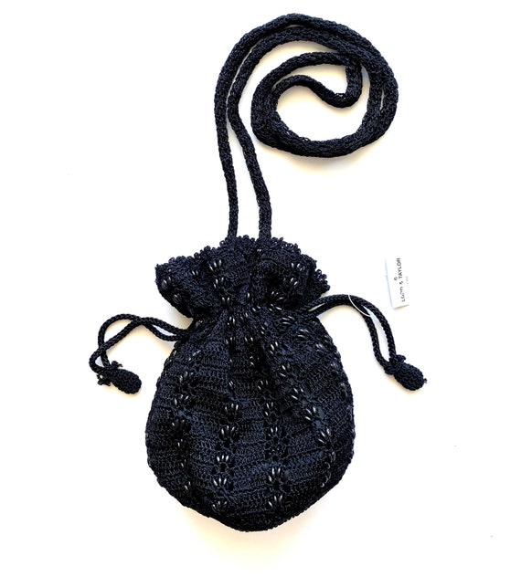 Vintage 90s Y2K Beaded Macrame Crochet Drawstring Bag Boho  display picture 1