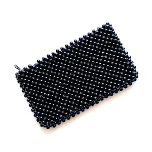 Vintage 60s 70s Wood Beaded Bag Black Handbag Large Clutch