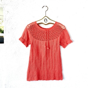 Vintage 70s Boho Crochet Shirt 1970s Knit Pink Sweater Top