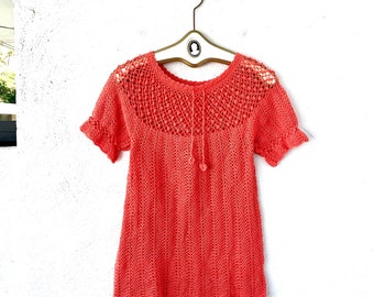 Vintage 70er Jahre Boho Häkelshirt 1970er Jahre rosa Strickpullover Top