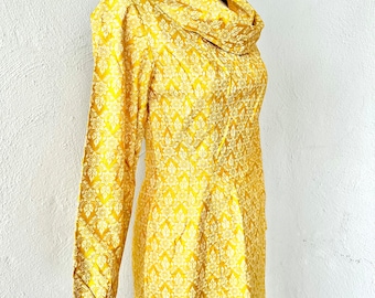 Vintage 60s Silk Brocade Dress: Golden Yellow Floral Cowl Neck
