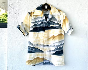 Camisa hawaiana estilo aloha con paisaje vintage de los años 70 // Top con cuello grande estilo disco hawaiano de los años 70
