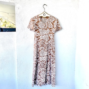 Vintage 60s 70s does 40s Damask Brown Midi Flutter Sleeve Dress