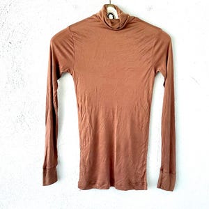 Vintage 70s Silk Turtleneck Top 1970s Brown Minimalist High Neck Long Sleeve Shirt