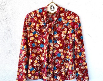 Vintage 70s Floral Bow Collared Shirt Long Sleeve Top