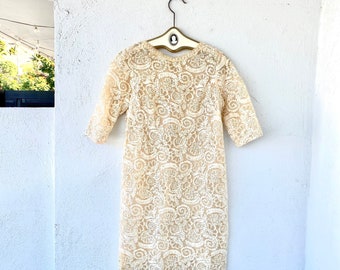 Vintage 50s Embroidered Lace Chiffon White Floral Dress