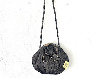 Vintage 80s Suede Leather Shoulder Bag 1980s Glam Black Gold Rose Purse