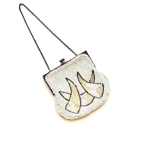 Antique Art Deco Beaded Bag White Silver Mini Handbag Coin Purse