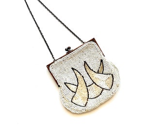 Antique Art Deco Beaded Bag White Silver Mini Handbag Coin Purse