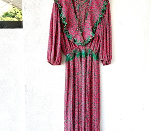 Vintage Diane Fréis 80s Susan Fréis Dress Pink 1980s Ruffle Pleated Dress