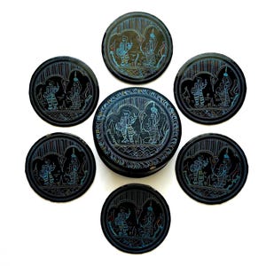 Juego de posavasos de laca vintage pintados a mano con contenedor Posavasos negros y azules Decoración popular asiática