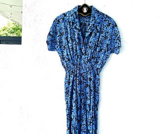 Vintage 90s Velour Dark Floral Dress 1990s Oversized Shirtdress