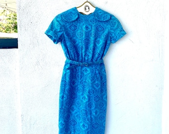 Vintage 60s Paisley Dress Boho Mod Blue Paisley 1960s Shirtdress Scandinavian