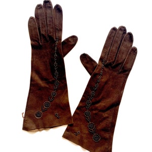 Vintage 40s 50s Leather Beaded Embroidered Gloves with Floral Lace Cutouts