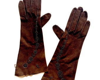 Vintage 40s 50s Leather Beaded Embroidered Gloves with Floral Lace Cutouts