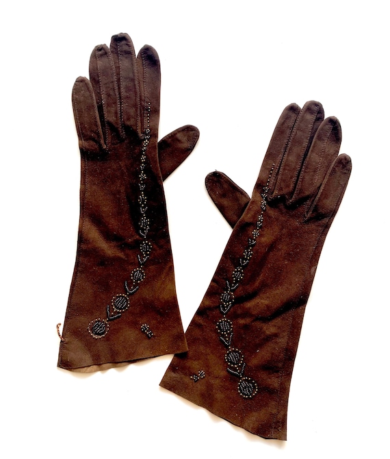 Vintage 40s 50s Leather Beaded Embroidered Gloves… - image 1