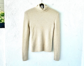Vintage 90er Jahre Y2k Gerippter Pullover 1990er 2000er Jahre Minimalist Rollkragen Strick Langarm Top Shirt