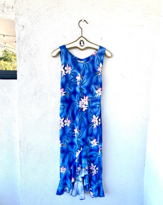 Vintage 90s Hawaiian Bias Cut Dress Blue Flora Ha… - image 1