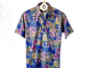 Vintage 70s Disco Large Collar Shirt 1970s Purple Green  Men’s Polo Top