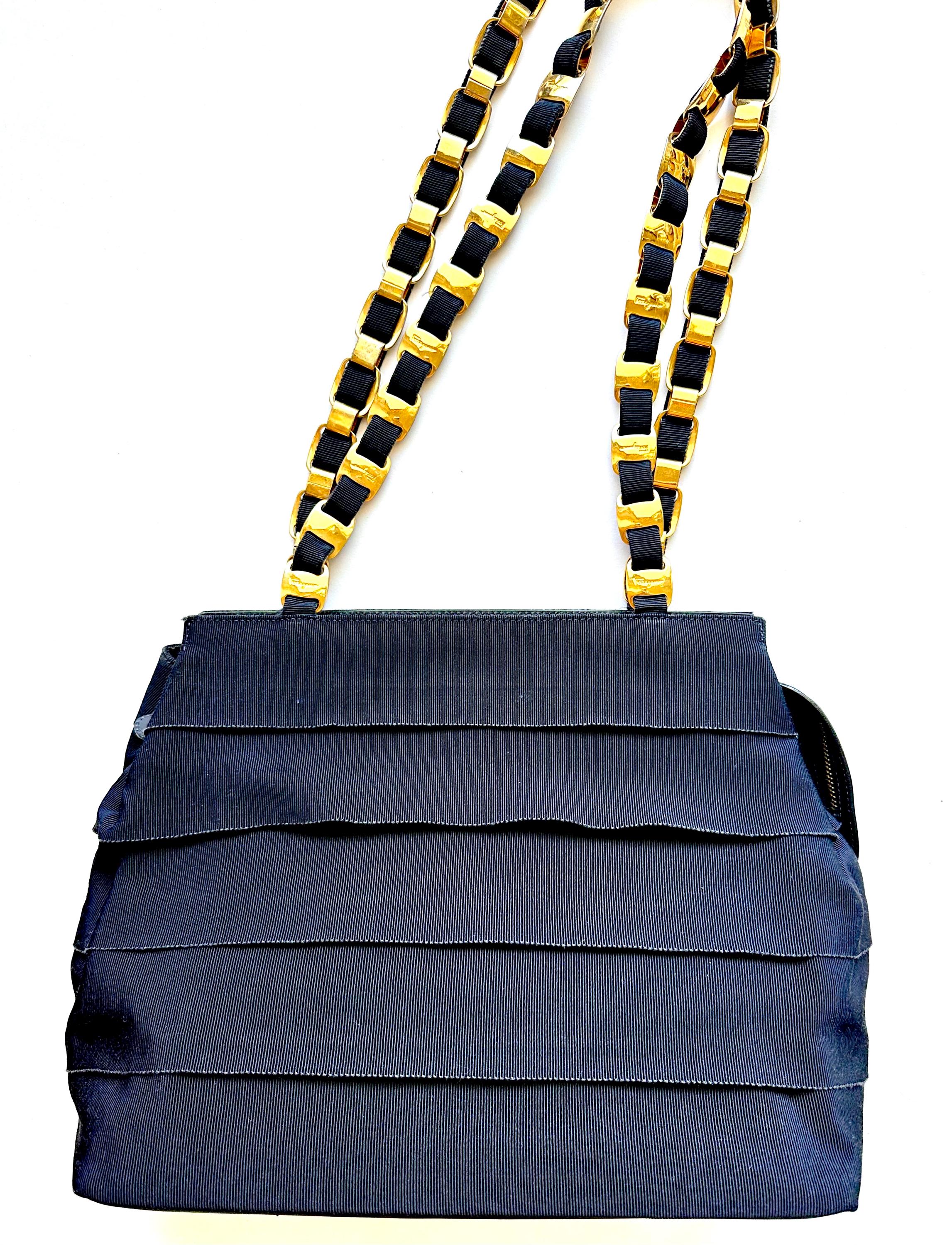 Vintage Salvatore Ferragamo Navy Grosgrain Chain Backpack Salvatore Ferragamo Blue Tiered Grosgrain Ribbon Tote Bag  main image 4