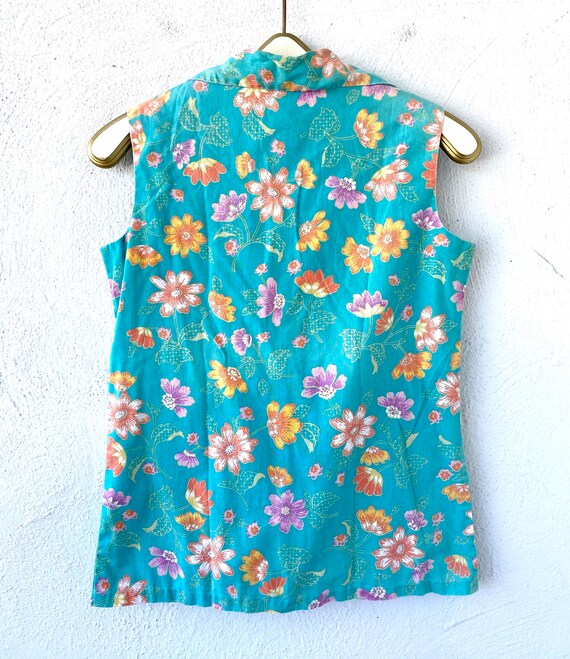 VTG 70s USA HAWAIIAN RAYON TWO POTATO LAGUNA BEACH CA FLORAL TIE BLOUSE UK 8/10