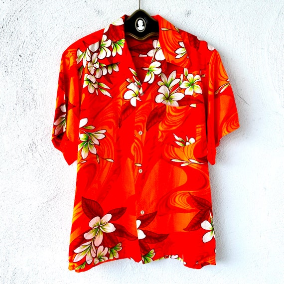 Vintage 70s Hawaiian Neon Floral Aloha Shirt Larg… - image 1