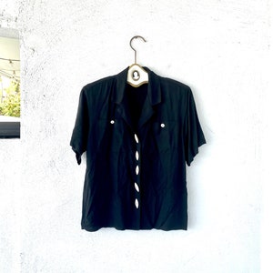 Vintage Oscar de la Renta 80s Strong Shoulders Black Collared Shirt with Large Buttons