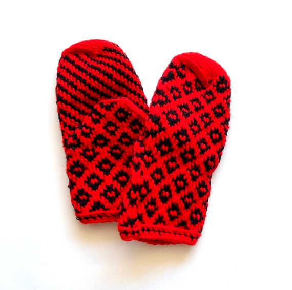 Vintage Knit Mittens Red Black Hand Warmers - image 2