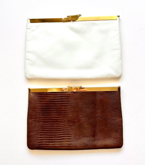 Vintage 60s Leather Clutch 70s Handbag Brown Whit… - image 10
