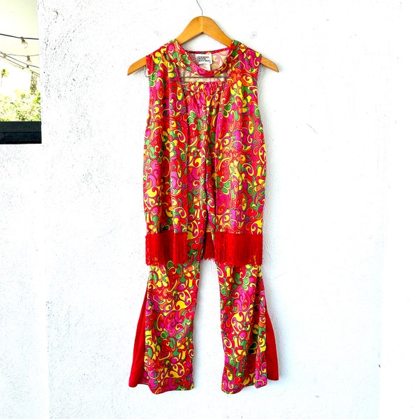 Vintage Hippie Costume Psychedelic Bellbottoms  Flare Pants with Matching Fringe Vest Set