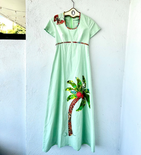 Vintage 70s Hawaiian Patchwork Dress 1970s Butterfly Palm Tree