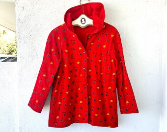 Vintage 70s Corduroy Hooded Jacket 1970s Red  Bears Print Lightweight Coat Red Riding Hood