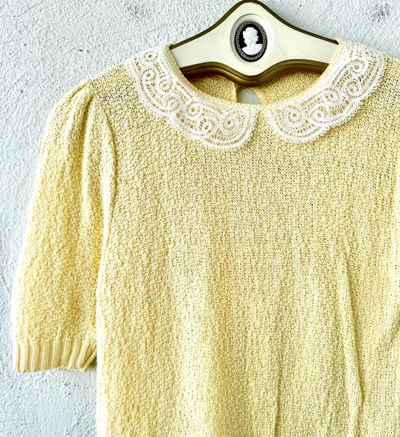 Vintage 80s Lace Collar Yellow Sweater 1980s Pete… - image 4