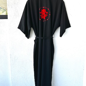 Vintage 1950s Chinese Embroidered Robe 50s  Black Red Long Kimono Asian