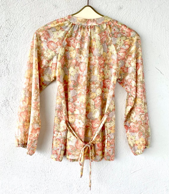 Vintage 70s Boho Folk Sheer Shirt Floral Peasant … - image 6