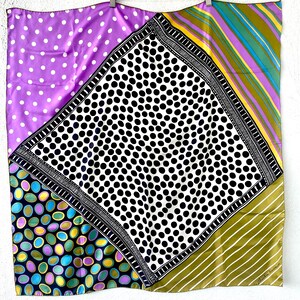 Vintage Christian Fischbacher Silk Scarf with Geometric Abstract Polka Dots Striped Purple Green