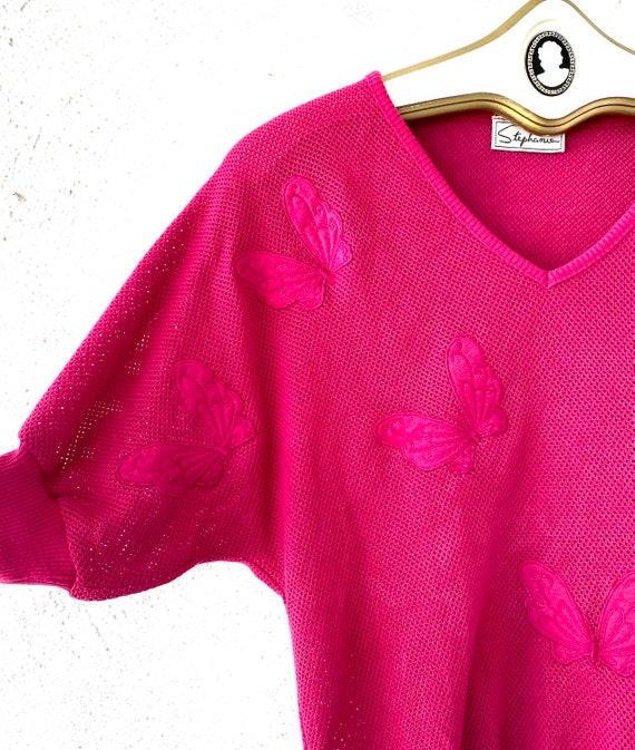 Vintage 80s Butterfly Fishnet Batwing Top Magenta… - image 6