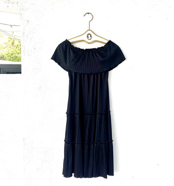 Vintage 70s Off Shoulder Tiered Dress Pleated Ruf… - image 1